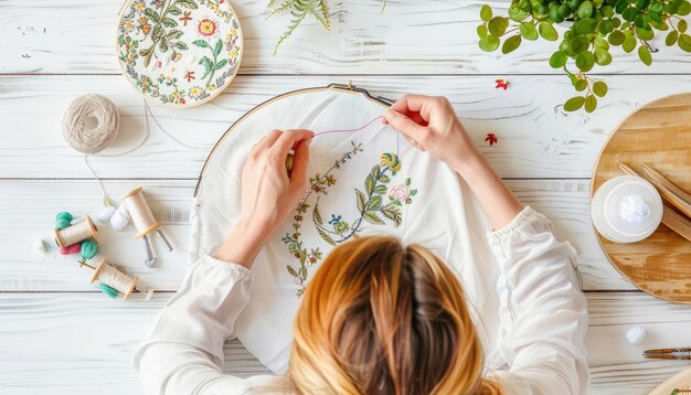 Рукодельница вышивает узор